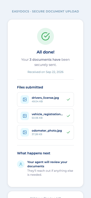 The EasyDocs confirmation screen on the customer's phone, listing the three files they sent with each file's name and size
