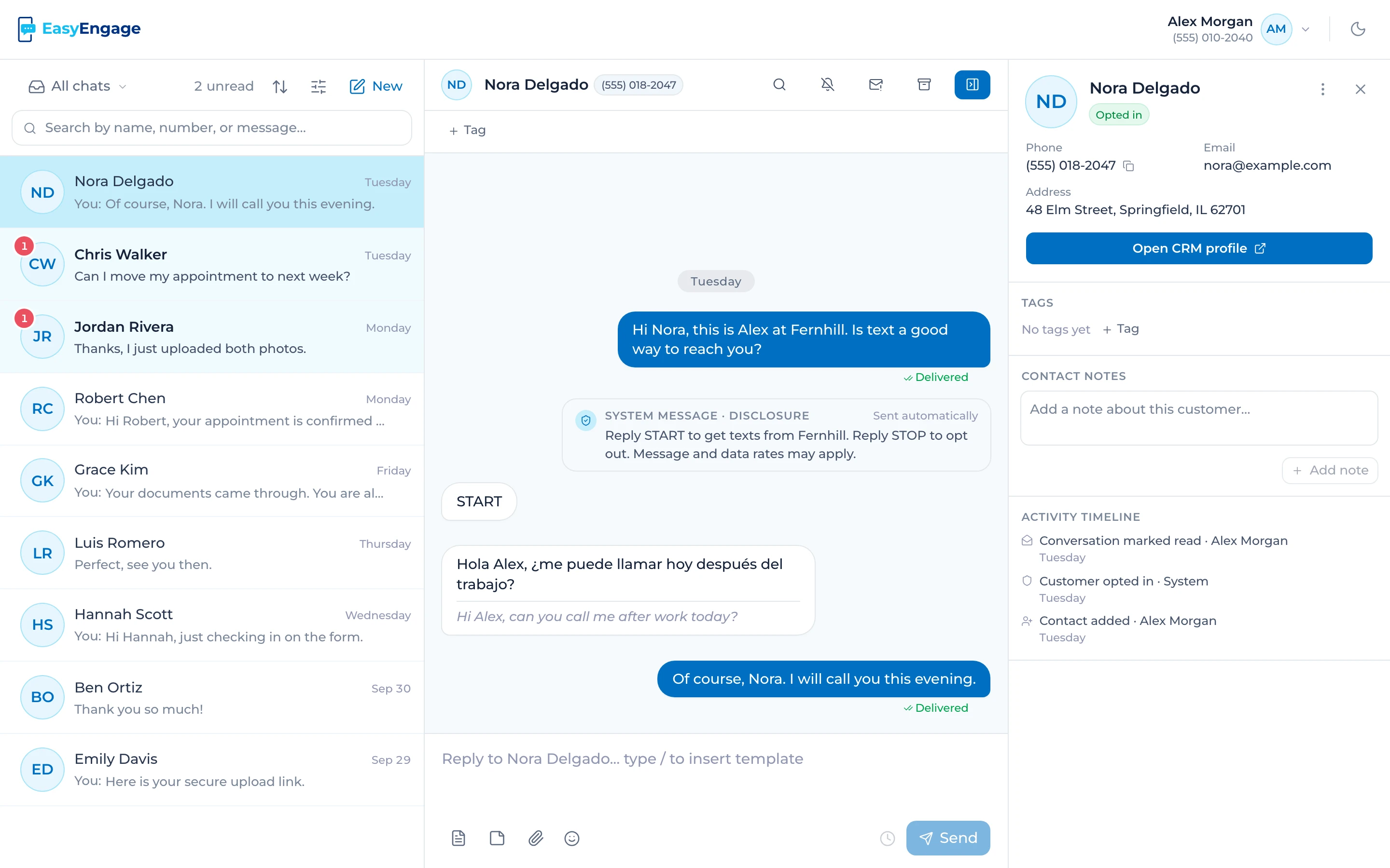 The EasyEngage agent inbox in a browser: all chats with 2 unread, a search box and recent conversations
